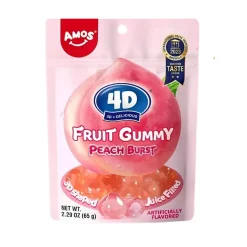 Amos 4D Fruit Gummy Peach Burst, caramelle gommose ripiene al gusto di pesca da 65g