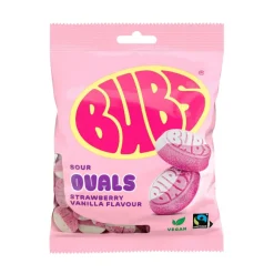 Bubs Sour Ovals Strawberry Vanilla, caramelle gommose aspre al gusto di fragola e vaniglia da 90g