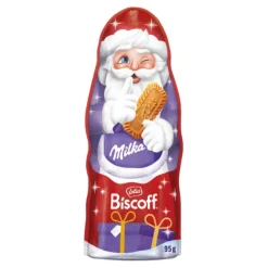 Milka Chocolate Santa Claus Lotus Biscoff, cioccolato al latte alpino con pezzetti di biscotto caramellati da 95g